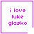 Four identical pixelated squares with pink text and borders, each containing "i love luke glasko" in lowercase letters; two include small symbols at the bottom-right corner.