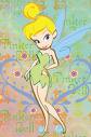 Static cartoon illustration of a female fairy character with yellow hair in a bun, blue wings, green dress, and light skin against a colorful floral background.