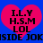 Two identical pink hearts on blue background with black text I.L.Y H.S.M LOL inside each heart and partial word 'SIDE' visible below.