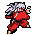 Pixel art character in red outfit with white hair, performing a sequence of motion frames showing dynamic movement and blue energy effects.