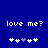 Blue background with white pixelated text 'love me?' and five white plus signs with one gray plus sign in the center.