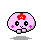 Pixelated pink character with red flower on head, holding green heart-shaped object displaying 'LOVE' in various colors and expressions.