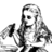 Black-and-white pixelated image of a woman with long hair holding a book, accompanied by yellow text on a black background.