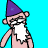 A 4-frame pixel art animation of a cartoon wizard character with pink skin, white beard, and purple pointed hat against a solid cyan background.