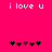 Pixelated text 'i love u' in white on bright pink background with five black and one dark red heart icons below.