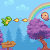 Pixel art scene with green dinosaur, orange projectiles, purple tree, rainbow, and wooden sign against blue sky.