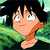Pixelated cartoon character with spiky black hair, wide eyes, and an orange scarf against a green background.