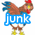 Pixelated rooster with brown body, blue wings, red comb and wattle, yellow beak and feet; four distinct text overlays in colored boxes.
