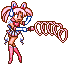 Pixel art character with pink pigtails and blue-and-white outfit holding a chain of linked rings, shown in two sequential poses.