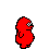 Red pixelated character in multiple poses on gray background, showing standing, walking, and side views with varied facial expressions.