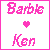 Pixelated pink text 'Barbie' above a heart symbol and 'Ken' below, displayed in six with one grayed out