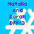 Blue background with white snowflake icon and purple text reading 'Natalia and Sarah BFF<3' in four identical