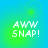 Pixelated text 'AWW SNAP!' in white on a blue-green gradient background with subtle circular light effects.