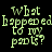 Green pixelated text on black background reads "What happened to my pants?" in four identical arranged in a