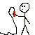 Pixelated stick figure holds red object, transitions through poses with yellow sparks and black smoke effects before explosion into orange-red gradient background.