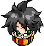 Pixel art character with spiky dark hair, green eyes, and glasses; red-yellow striped scarf; four views show eye/glasses state changes.