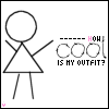 A stick figure with a circular head and triangular body stands facing right, holding a circular object with 'COOL' text, while 'IS MY OUTFIT?' appears below.