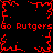 Red pixelated text and abstract shapes on black background, with 'Go Rutgers' repeated horizontally in two