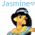 A 2x2 contact sheet of four animated frames showing a cartoon character with dark hair and yellow skin wearing a blue outfit, each frame paired with the name "Jasmine" in light blue text accompanied by either a pink or blue heart symbol.