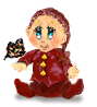 A doll in red clothing with yellow buttons sits with a butterfly prop, showing varied eye expressions and butterfly positions across frames.