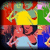 Pixelated image with four distinct color blocks: red, yellow, green, and blue sections containing abstract shapes and partial text fragments.