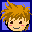 Pixelated character head with spiky brown hair, two pink cheek marks, and a smiling mouth against blue background.