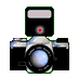 Four static camera icons arranged in a , each with a black body, silver top, and blue lens, differing only in flash state