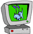 Four computer monitors display different cartoon animals on green screens, each monitor has a red power button and green indicator light.