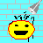Animated contact sheet of 15 pixel art frames showing a yellow circular character with red outline and black facial features against light blue brick background, each frame displaying different mouth expressions while silver cone-shaped objects fall from top.