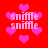 Red background with pink heart shapes and repeated 'sniffle' text in white pixelated font.