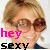 A person with light brown hair and sunglasses appears in three , each showing different text overlays: 'hey' in pink above 'sexy' in black or blue