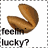 Animated fortune cookie icon with text 'feelin lucky?' below, showing subtle animation changes in the cookie and text.
