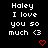 Pixelated text reads 'Haley I love you so much <3' with a red heart symbol below on a black background.