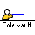 Animated sequence of a yellow figure with white head holding a blue pole, interacting with red and black structures against gray background.