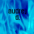 Blue abstract background with black text 'audrey d.' in three positions, one of which is partially obscured by a gray rectangle.