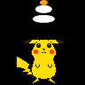Yellow cartoon mouse with red cheeks and black eyes stands on black background, holding yellow lightning bolt-shaped tail, with white and orange circular shapes above its head.