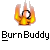Pixelated icon shows a figure with glowing eyes engulfed in orange-yellow flames against gray background, below text reading BurnBuddy.
