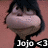 Pixelated image of a character with dark hair and light skin, wearing black clothing with white text reading 'Jojo <3' against a reddish-brown background.