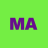 Green background with purple pixelated letters MA in the center, rendered in a low-resolution style.