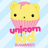 Pixelated yellow cat-like figure with pink hair, black eyes, and a small nose against light blue background.