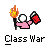 Pixelated character in pink shirt holds torch with orange-yellow flame and red object, below text 'Class War' on gray background.