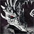 Pixelated grayscale creature with red eye detail against dark background, featuring multiple white horn-like protrusions and a segmented body structure.