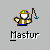 Pixel art of a character in hard hat and brown jacket holding fishing rod, with text 'Mastur' below left and 'baifer' below right on blue water background.