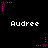 Pixelated text 'Audree' appears in white on black background with pink star-shaped animations at corners and center.