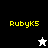 Yellow 'RubyK5' text on black, white, and gray backgrounds with a pixelated star icon changing from white to black.