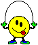 Yellow smiley face with black eyes and red tongue, wearing blue shoes with green soles, holding a jump rope in two poses.