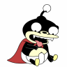 Pixelated cartoon character with black head, yellow beak, red cape, and white belly sitting on a white sphere with a keychain loop above its head.