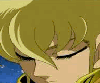 Anime character with blonde hair and closed eyes exhaling white vapor against blue background.