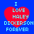 Blue background with four red heart shapes containing light blue text reading "I LOVE HALEY DICKERSON FOREVER" in pixelated font.
