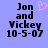 Pixelated text on light blue background with pink heart symbol above 'Jon and Vickey 10-5-07' in black block letters.